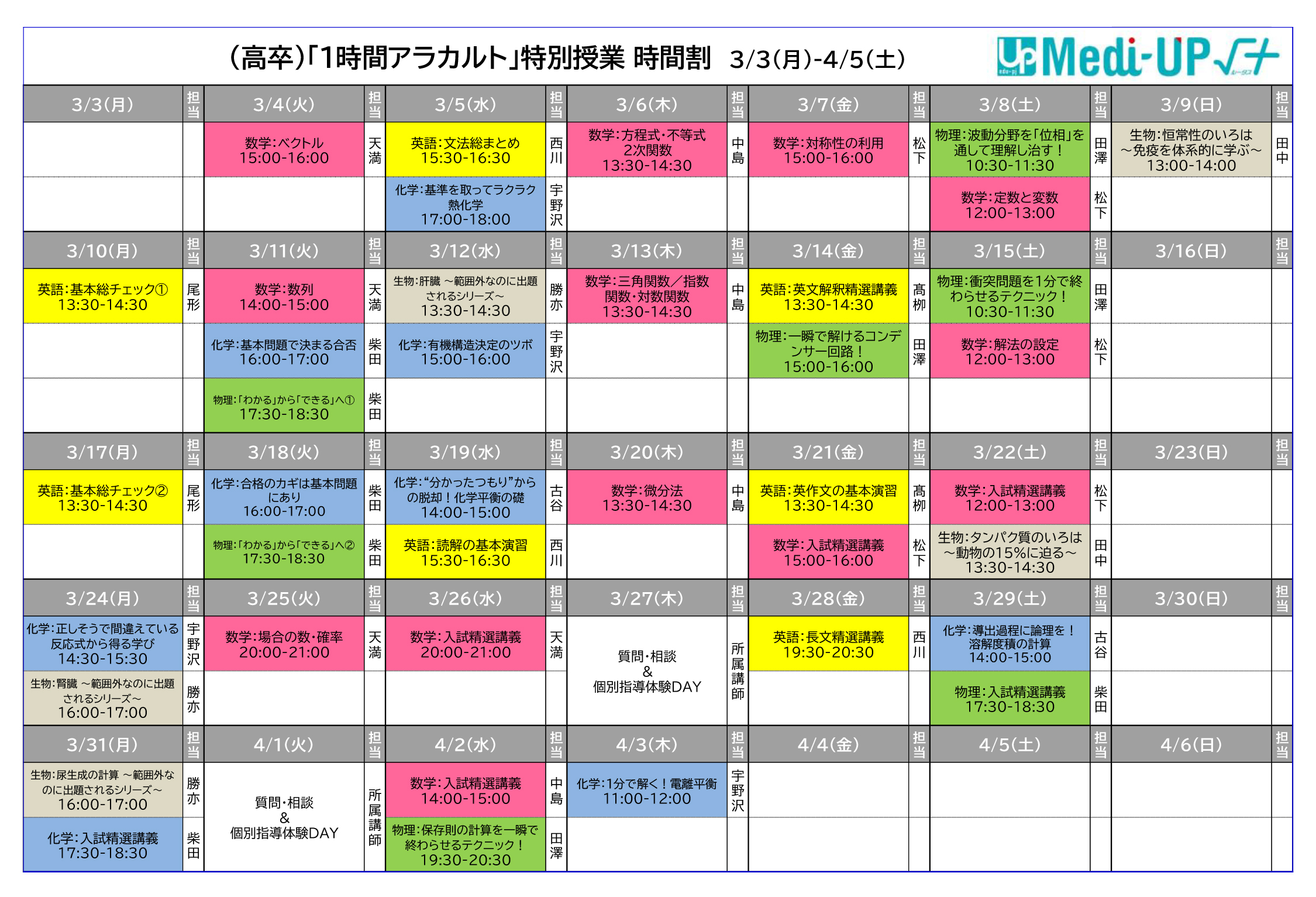 「1時間アラカルト」特別授業 時間割